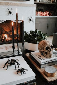 a table topped with books next to a fire place filled with candles and fake skulls