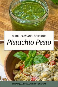 a bowl of pesto next to a jar of pesto sauce