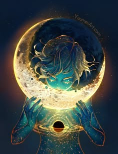 a woman holding the moon in her hands