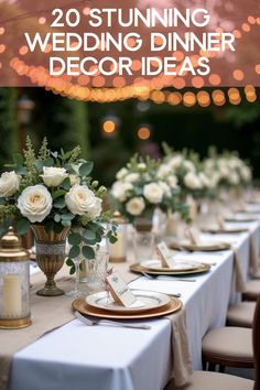 the table is set up with white flowers and candles for an elegant wedding dinner party