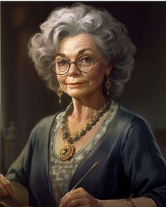 an older woman wearing glasses and holding a pen