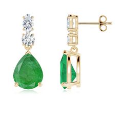 Elevate your look for any occasion with these stylish 14k yellow gold dangle earrings. Featuring stunning pear-shaped emeralds, topped by oval and round diamonds, this pair offers a dazzling cascade of brilliance. The unique design and sparkling gems make it perfect for adding a touch of glamour to any ensemble. Pear-shaped Emerald Earrings For Gift, Pear-shaped Emerald Earrings Fine Jewelry, Pear-shaped Emerald Green Earrings, Pear-shaped Green Gemstone Earrings, Luxury Pear-shaped Emerald Earrings, Emerald Earrings, Pear, Emerald, Dangle Earrings