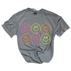 🛒Our trendy and comfortable unisex distressed oversized neon smiling face t-shirt is perfect for the summer and a must-have for your wardrobe! The vibrant colors and fun design will show off your bright personality. 📦 FREE SHIPPING on orders $35 or more to US shoppers 👕Brand = Comfort Colors 🧵Fabric = 100% Cotton ✂️Design = Heat-applied vinyl (Distressed vinyl design) 🎨Color = Gray (Colors will vary from computer to computer and monitor to monitor. The colors shown may not be an exact repre Neon Tshirt, Neon T Shirt, Preppy Shirts, Smiley Face Tshirt, Smiley Face Shirt, Preppy Shirt, Neon Shirts, Comfort Colors Tshirt, Distressed Shirt