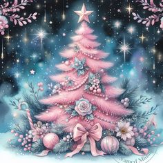 a painting of a pink christmas tree surrounded by stars and decorations on a blue background