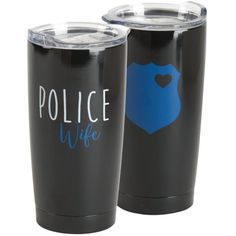 two black tumblers with blue police wife designs