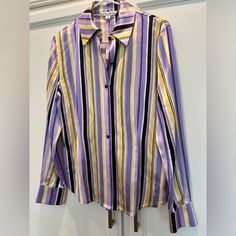 St. John Satin Blend Blouse In Nwot. This Blouse Has Buttons Down In Vibrant Multi Colors. Pair This Up With Slacks Or With Your Favorite Blazer. Size Small Measurements: Pit To Pit 17 Inches Length: 25 Inches Ships In 1 Day Spring Collared Purple Shirt, Spring Purple Collared Shirt, Collared Purple Shirt For Spring, Purple Collared Shirt For Spring, Purple Collared Spring Blouse, Purple Button-up Blouse For Formal Occasions, Chic Purple Collared Shirt, Purple Formal Shirt For Spring, Purple Button-up Blouse For Work