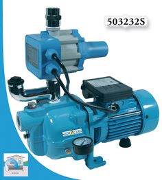 a blue pump with a gauge on it's side and an electronic device attached to the