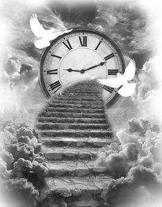 there is a stairway leading up to the sky with two white doves flying over it