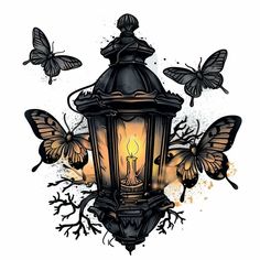 a lantern with butterflies flying around it