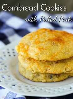 two cornbread cookies on a white plate with text overlay that reads cornbread cookies with pulled pork