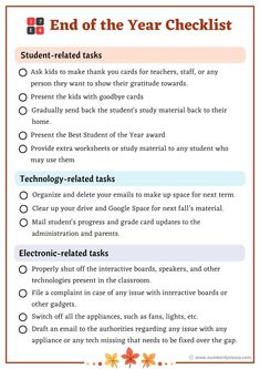 the end of the year checklist for students to use on their own school day