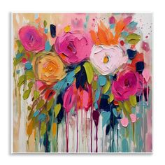 an abstract painting with pink, yellow and blue flowers in it's centerpiece