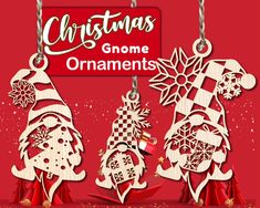 christmas ornaments are hanging from chains on a red background with the words gnome ornaments