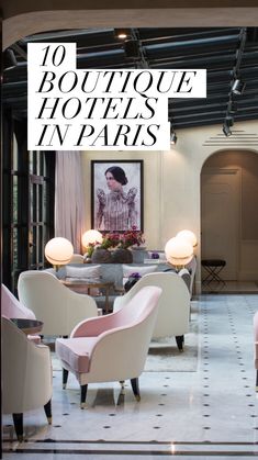 the lobby is decorated with pink and white chairs