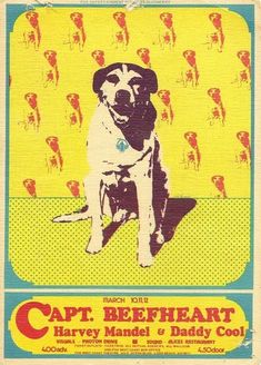 an old concert poster with a dog sitting on it's back legs in front of a yellow background