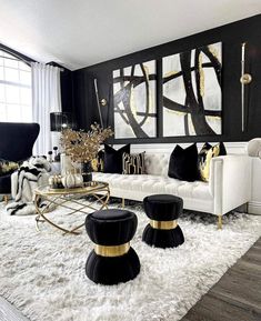 black and white living room with gold accents