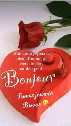 a red heart shaped box with a rose on it and the words bonjou written in french