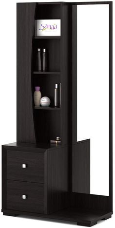 an open cabinet with two drawers and a mirror on top of the shelf next to it