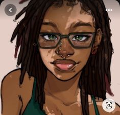 a drawing of a woman with glasses and dreadlocks on her face, looking at the camera