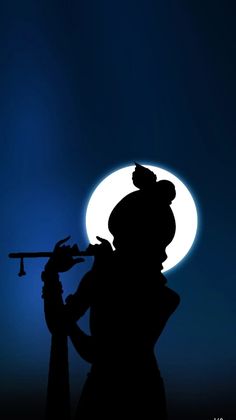 the silhouette of a person holding a trumpet in front of a full moon