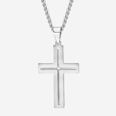 Accessorize in glorious style with this men's stainless steel cross pendant that highlights a diamond-accent in the center.Stone: Diamond accentClosure: Lobster claspDimensions: 24" long, 3mm wide curb chainPendant Size: 25.5x50mm longFeatures: Religious Jewelry, Quick ShipDiamond Clarity: I2-I3Shape: CrossStone Cut: RoundDiamond Color: I-JMetal Color: WhiteChain Length: 24 InchRounded Carat Weight: Less Than 1/10 Ct.t.wChain Construction: CubanAuthenticity: Natural DiamondBirthstone: April Birt Stainless Steel Cross Necklace For Anniversary, Father's Day Stainless Steel Cross Pendant Necklace, Silver Cross Pendant Necklace For Father's Day, Father's Day Silver Cross Pendant Necklace, Stainless Steel Cross Pendant, Steel Cross, Cross Pendant Necklace, Religious Jewelry, Cross Pendant