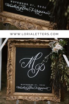 the wedding sign is decorated with flowers and greenery