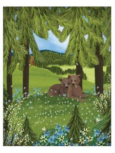 two brown bears sitting in the middle of a forest with blue flowers and green trees