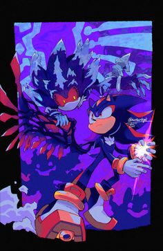 sonic the hedgehog holding a fire extinguisher in front of purple and black background