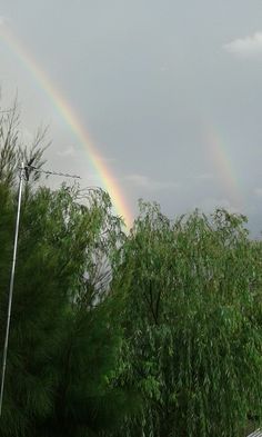 two rainbows in the sky over some trees