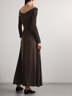 ALTUZARRA Charlotte off-the-shoulder ruched stretch recycled-jersey maxi dress | NET-A-PORTER Elegant Draped Brown Dress, Elegant Brown Draped Dresses, Brown Stretch Dress For Formal Occasions, Formal Brown Stretch Dress, Elegant Minimalism, Charlotte Dress, Maxi Jersey Dress, A Romantic, Strappy Sandals