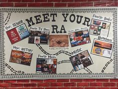 a bulletin board with pictures on it and the words meet your ra written in black