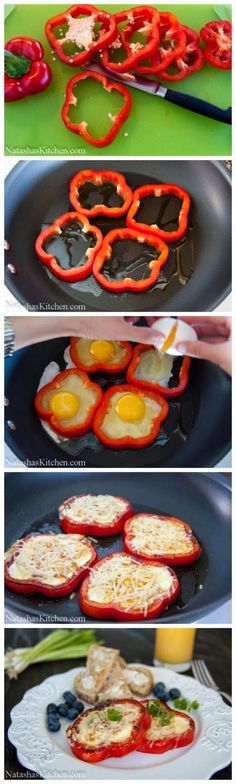 the process of making stuffed peppers is shown in three different pictures, including one being cooked and then frying