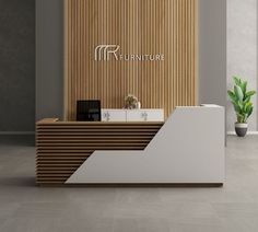 the front desk of a furniture store with wooden slats on the wall behind it