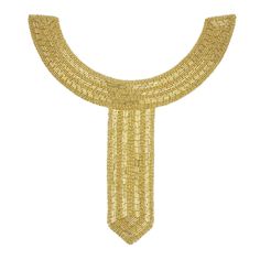 Explore ancient Egyptian inspiration with this Vintage Fancy Gold Bugle and Seed Beaded Collar Appliqué! A collar with a geometric tie-like extension is lined with gold bugle and seed beads for a neatly designed appliqué fit for a queen. Use this trim for the necklines of gowns for an Egyptian look, the collars of blouses, high-necked dresses, and much more.

Measuring 9.5 inches by 9 inches, it has a gauge of 2.84mm. Animation Pipeline, Egyptian Collar, Egyptian Party, Mood Designer Fabrics, Beaded Collar Necklace, Egyptian Queen, Beaded Collar, Pin Image, Collar Designs