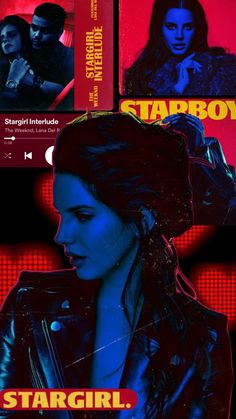 the poster for stargirl is shown in red, blue and black colors with an image of a woman's face