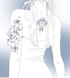 a drawing of a woman with flowers in her hair and tattoos on her arm, wearing a white dress