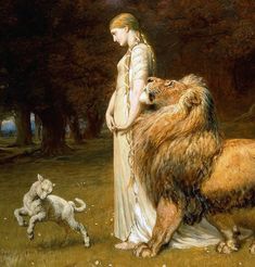 a painting of a woman standing next to a lion