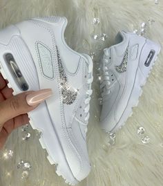 Bling Swarovski Crystal Nike Air Max 90 Custom Shoes Women's Bling Sneakers  Color: White  Sizing: Women's sizing runs 1.5 sizes larger than youth sizing. So to determine your youth size, simply subtract 1.5 from your regular size. For example, if you wear a women's 7.5, you would wear a youth 6. Youth sizes run as large as a 7, so anything up to an 8.5 falls within the women's/kid's overlap. May substitute shoe color or crystals color. Many of our styles are also available in kids sizes as well Bling Nike Air Max, Nike Air Max 90 White, Swarovski Nike, Adidas Cap, Shiny Shoes, Chic Shoes, Nike Free Shoes, Nike Shoes Outlet, Dress Shoes Womens