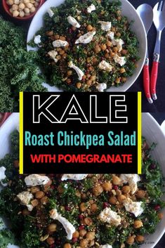 kale roast chickpea salad with pomegranate and feta cheese