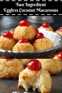 two ingredient eggless coconut macaroons with cherries on top and in the middle