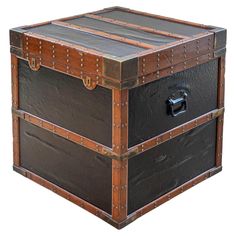 an old wooden trunk with metal straps and rivets on the sides, isolated against a white background