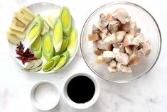 the ingredients to make this dish include cucumbers, chicken and black sauce