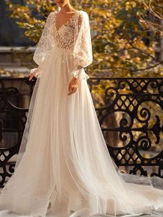 Elegant Wedding Dresses With Train A-Line V-Neck Natural Waist Long Sleeves Lace Bridal Dresses White Beach Wedding Dresses, Simple White Wedding Dress, Floral Lace Wedding Dress, Backless Lace Wedding Dress, Princess Bridal Gown, Lace Applique Wedding Dress, Boho Bridal Gowns, Bridal Dresses Lace, Applique Wedding Dress