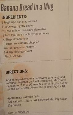 the instructions for banana bread in a mug