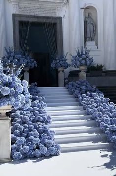 blue flowers on the steps of a building