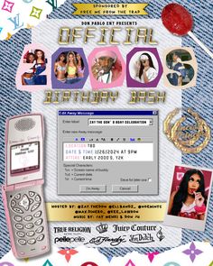 an advertisement for the birthday bash with pictures and text on it, including a cell phone