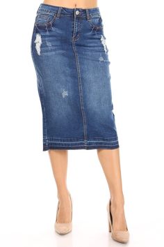 Introducing our stylish and trendy Distressed Denim Skirt! Made from stretch denim, this calf-length pencil skirt features a back slit that adds an extra touch of elegance to your look. With pockets on the front and back, this skirt is both practical and fashionable. The medium indigo wash gives it a classic touch, while the distressed design adds a bit of edginess to your outfit. Perfect for a day out with friends or a casual night out, this skirt is a must-have in your wardrobe. 75% Cotton23% Distressed Skirt, Comfortable Skirts, Blue Denim Skirt, Distressed Denim Skirt, Modest Skirts, Casual Night Out, Denim Skirts, Denim And Lace, Unique Tshirts