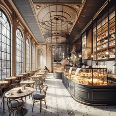 the interior of a pastry shop with many tables and chairs in front of large windows