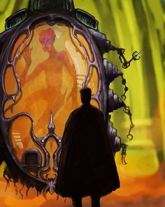 a man standing in front of a clock with an image of a demon on it