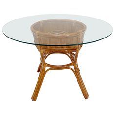 an oval glass table with wooden legs